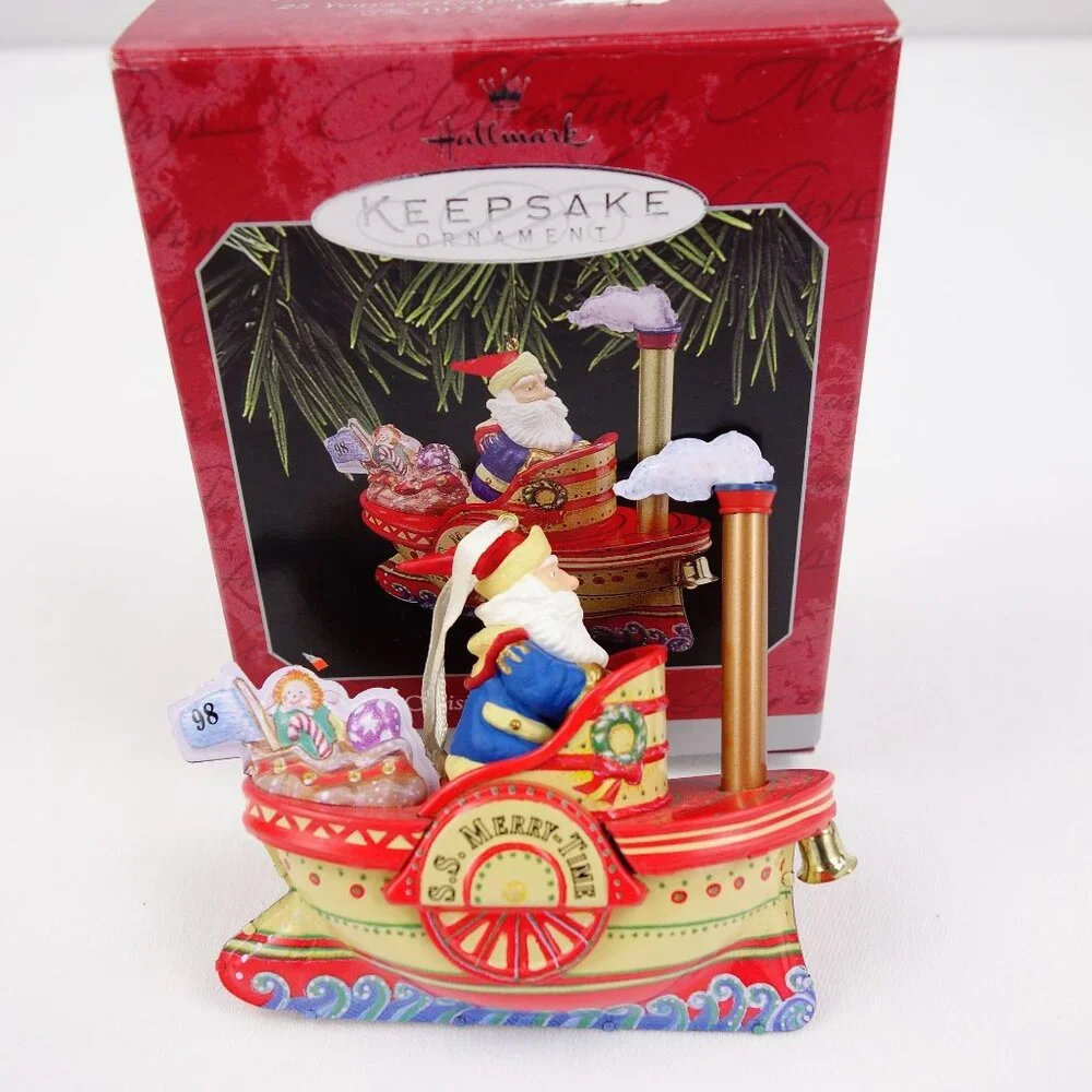 Vintage 1998‎ Hallmark Cruising Into Christmas Santa Tin Steamboat Ornament